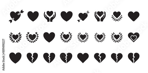 Solid hearts broken symbols pierced arrows and laurel wreath icons set of love and despair