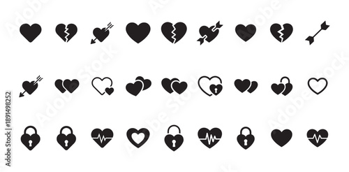 Broken hearts padlocks heartbeat pierced arrows and multiple hearts icons set of love and security