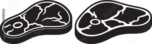 Two Raw Steaks on White Background Black and White Vector Icons