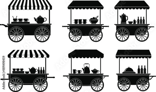 Street food cart silhouettes collection, vintage market wagons with drinks and snacks, black food vendor vector illustration set
