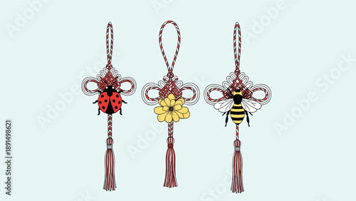 Trio of elegant traditional hanging knot charms decorated with a red ladybug, yellow flower, and bumblebee against a soft blue background.