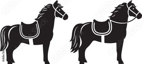 Black silhouette vector illustration of two horses with saddles, one with mane flowing, representing power, freedom, and equestrian activities.