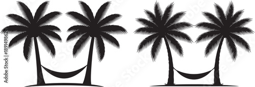 Tropical Paradise Scene with Palm Trees and Hammock Black Silhouette Icons