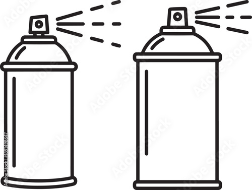 Black and white outline vector illustration of two spray paint cans, one actively spraying a mist, symbolizing graffiti and creativity.