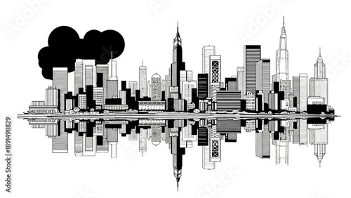Black and White Cityscape Reflection with Dark Cloud