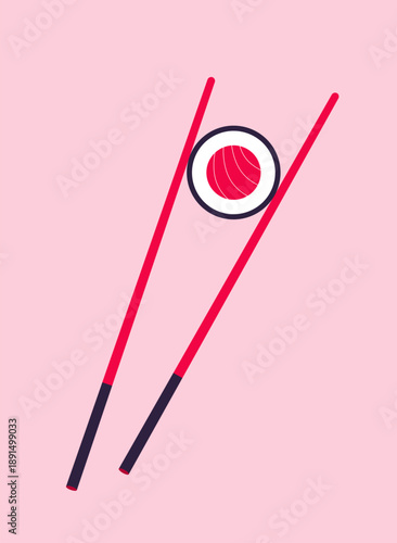 Minimalist flat vector illustration of sushi held with chopsticks on a pink background. Japanese cuisine concept, traditional food symbol, modern design for travel, culture, restaurant, menu