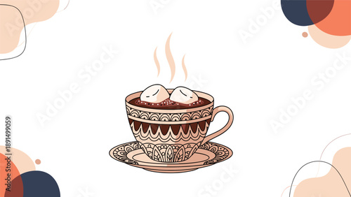 Ornate hand-drawn illustration of a steaming cup of hot chocolate with marshmallows on a decorative background with abstract shapes and swirls.