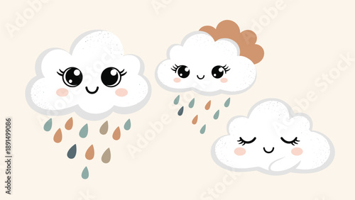 Set of three cute cartoon rain cloud characters with happy faces and colorful raindrops on a beige background for nursery wall art and decor.