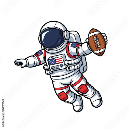 Cartoon astronaut floating in space, holding an American football, ready for cosmic play