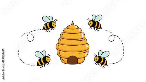 Cheerful cartoon illustration of a golden beehive with four busy bees flying around it on a white background for honey product branding.