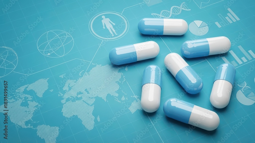 Naklejka premium Blue and white pills placed on a digital medical research background with pharmaceutical data and world maps