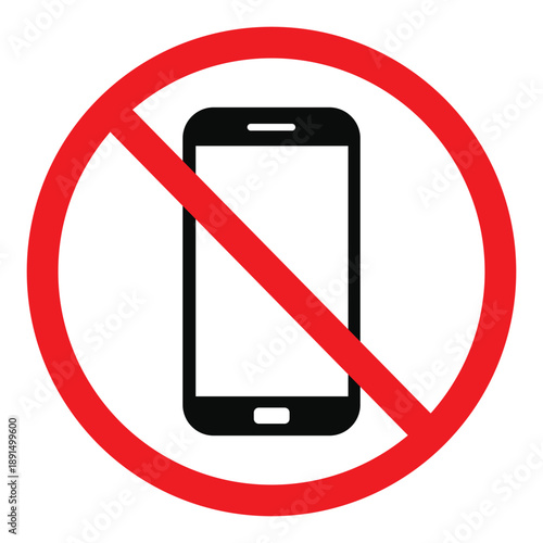 No mobile phone or smartphone usage sign. Black cellphone icon inside a red prohibition circle. Digital detox, restricted communication zone, or electronic interference warning symbol.