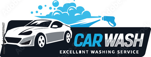 This logo design represents a car wash service, featuring a sleek car illustration and water spray elements that convey cleanliness and efficiency. The bold typography emphasizes the brand's name, "CA