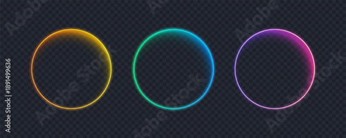 Neon circle button set isolated on transparent background. 3D glow neon pill frame for mobile and web app or computer game, hud interface. Empty line button collection, vector illustration.