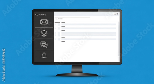 Computer screen displaying a minimalist email interface with and a search bar monitor