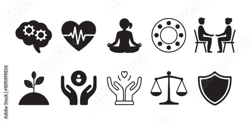 Set of 10 wellness icons: brain, heart, meditation, plant, and balance scale symbols, black