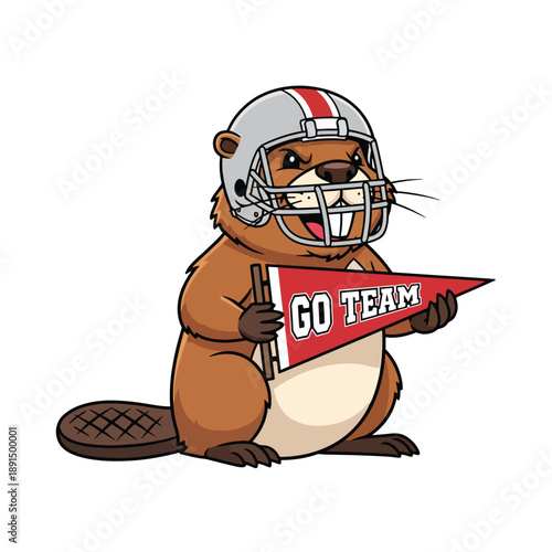 Illustrated beaver character in a football helmet holding a team pennant, ready to cheer