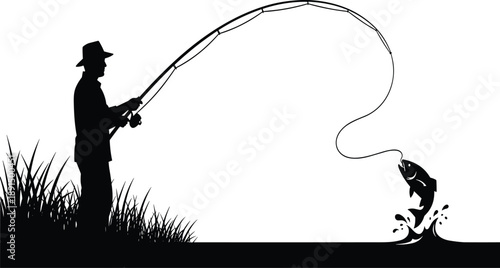 Black silhouette of a man fishing with a jumping fish and splashing water black and white