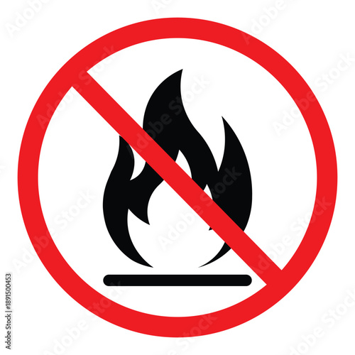 No fire or open flame prohibition sign. Black flame icon inside a red strike-through circle on white background. Safety warning symbol for flammable areas and fire prevention.