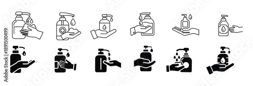 Hand sanitizer wash hygiene icon set. Outline hygiene and disinfection pump bottle, vector liquid, antibacterial, soap, healthcare, and solid style symbols design, silhouette.