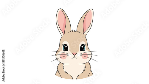 Charming head of a cute baby bunny with pink ears and large sparkling eyes looks forward in a sweet animal portrait.