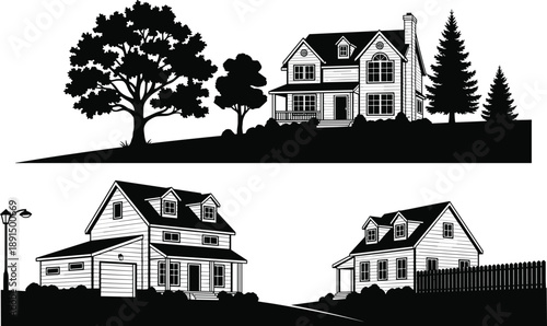 Black and white silhouette of suburban houses and trees on a white background home