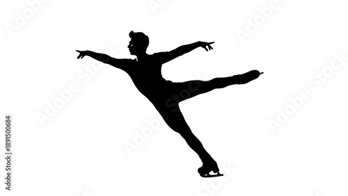 Silhouette of a male figure skater performing a jump on white background.