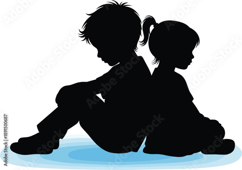 Black silhouette of two children sitting back to back on blue wavy lines white background