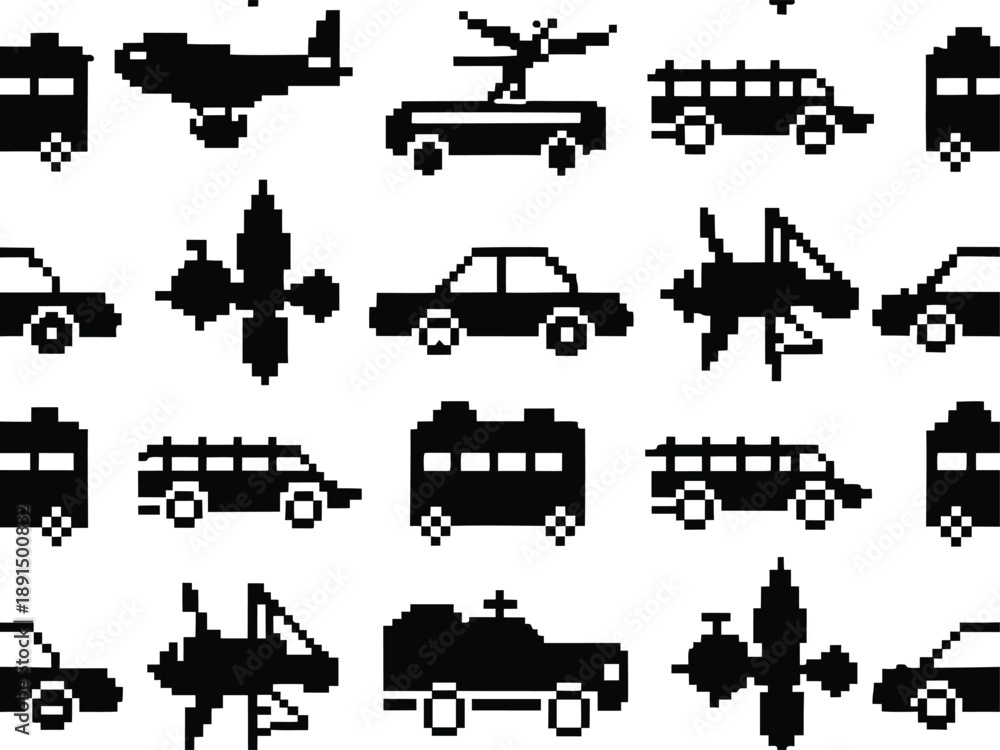 Obraz premium Pixel Art 1-Bit City Transport Car and Plane Icon Set