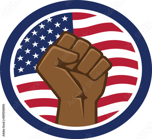 Brown fist raised in front of American flag stripes and stars within a blue circle