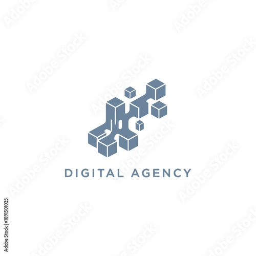 Digital agency logo with 3D cubes and abstract shapes, symbolizing innovation and technology
