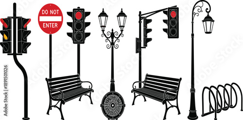 Collection of black silhouette street furniture and traffic signals on white background