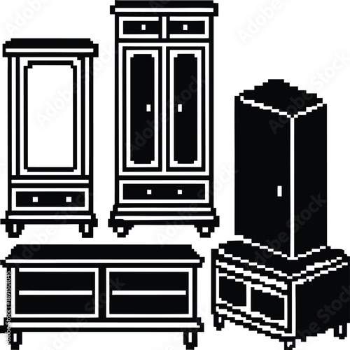 Pixel Art 1-Bit Isometric Tall Cabinet and Storage Furniture