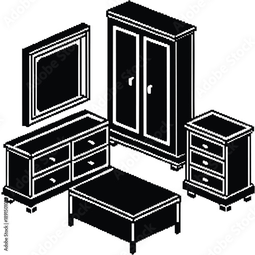 Pixel Art 1-Bit Isometric Bedroom Wardrobe and Dresser Set