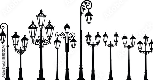 Collection of black silhouette vintage street lamps and lampposts