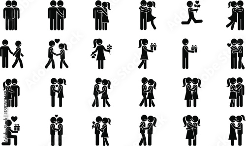 Collection of black stick figure couples in various romantic poses and actions love