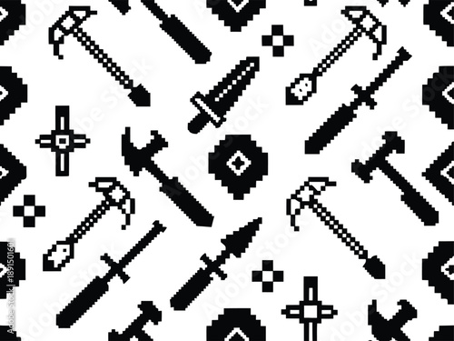 Pixel Art 1-Bit Seamless Pattern of Medieval Tools and Weapons