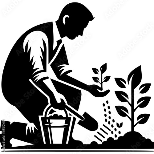 Vector illustration of a man planting plants
