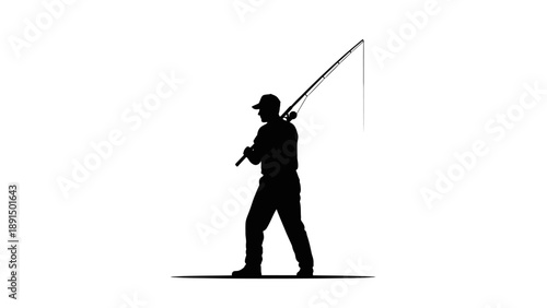 Silhouette of a fisherman carrying a fishing rod on shoulder.