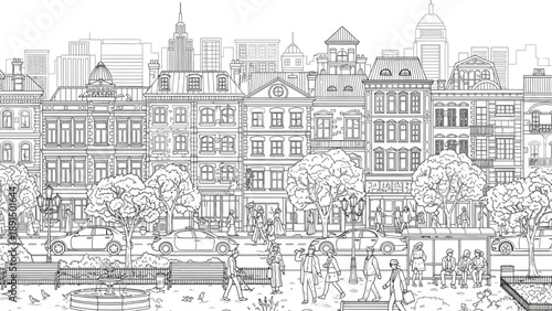 Black and White Sketch of a Bustling City Street with People and Buildings
