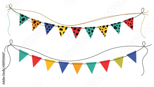 Two rows of colorful party bunting flags with polka dots and solid colors hang ready for a festive celebration or birthday.