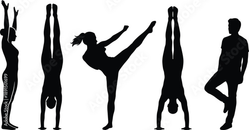 Black silhouettes of people performing various athletic poses and exercises white