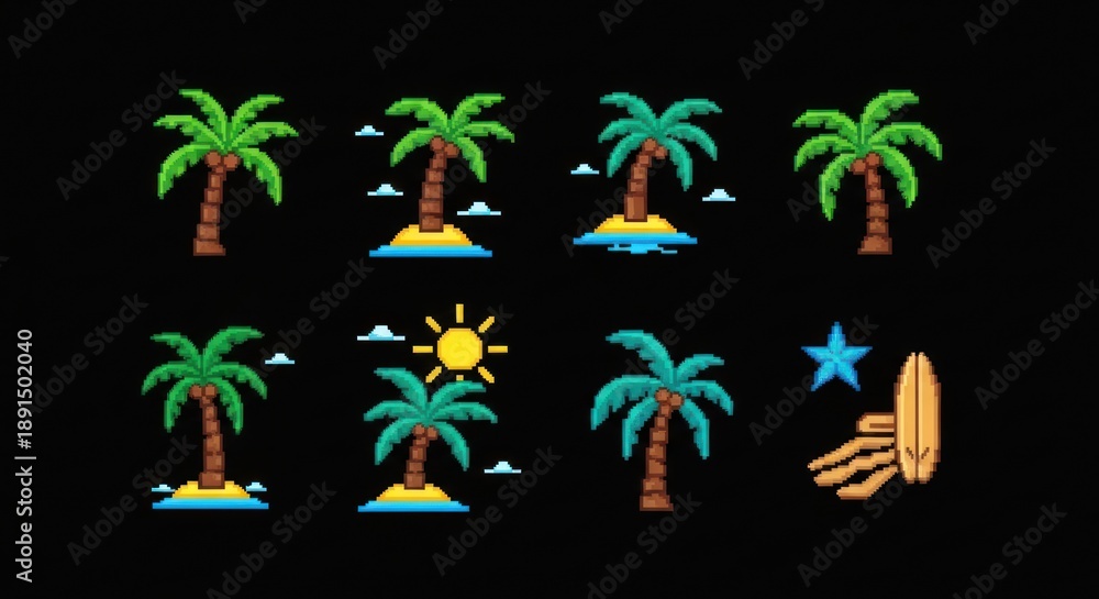 Obraz premium Collection of pixel art tropical beach icons and palm trees