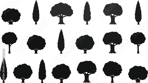 Collection of black silhouette deciduous and cypress trees on white background