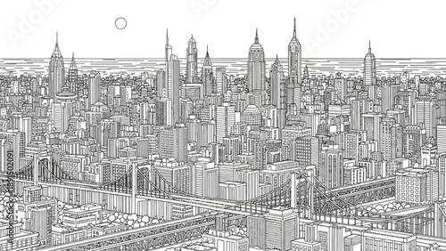 Black and White Sketchy Cityscape with Tall Buildings and Moon
