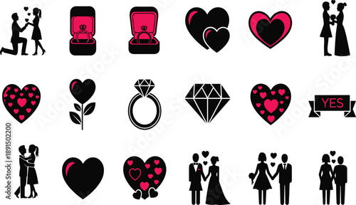 Collection of wedding and love in black and pink hearts engagement proposal