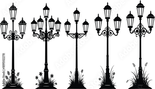 Collection of black silhouette vintage street lamps with ornate details and surrounding foliage