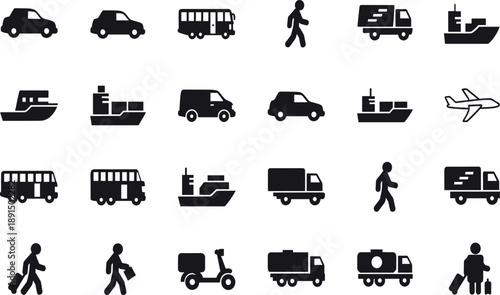 Collection of black transportation and pedestrian on white background truck ship