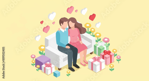 Couple sitting together on a sofa surrounded by gifts and hearts.