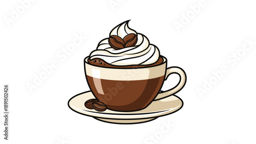 Warm cup of coffee topped with a swirl of whipped cream and coffee beans served on a matching saucer in a cozy style.